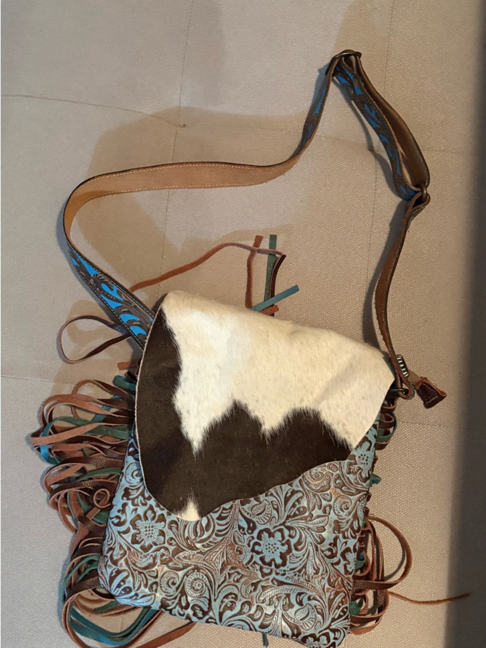 Fringed Tooled Leather Crossbody Bag with Hair-On Hide Flap - White & Brown